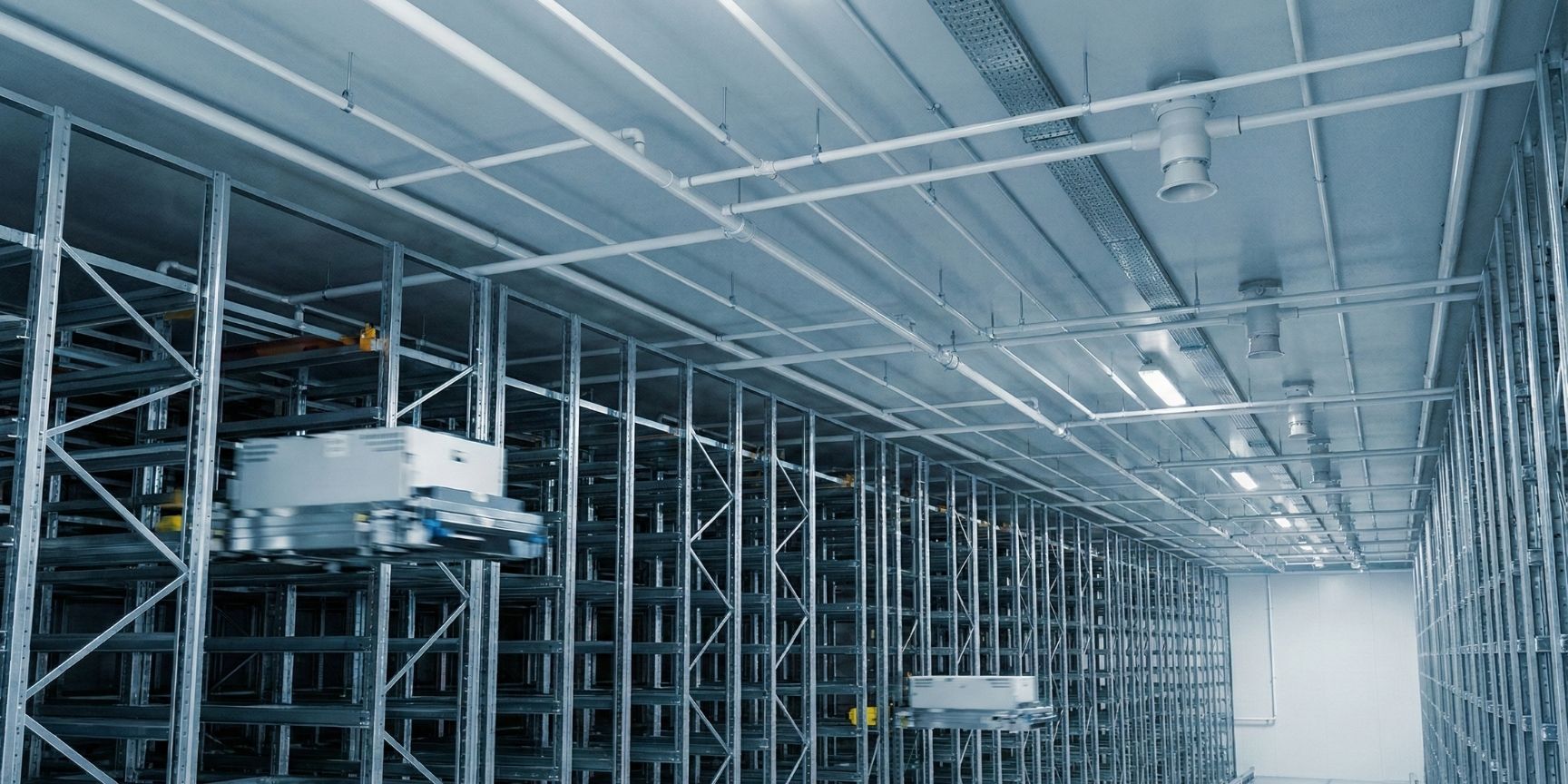 Blick in ein vollautomatisiertes Shuttle-Lager ohne Personal. An der Decke sind komplexe Rohrsysteme für Rauchansaugsysteme (RAS) und Düsen, wie sie für Sauerstoffreduzierungsanlagen verwendet werden, sichtbar. Automatisierte Shuttles bewegen sich in den Regalen